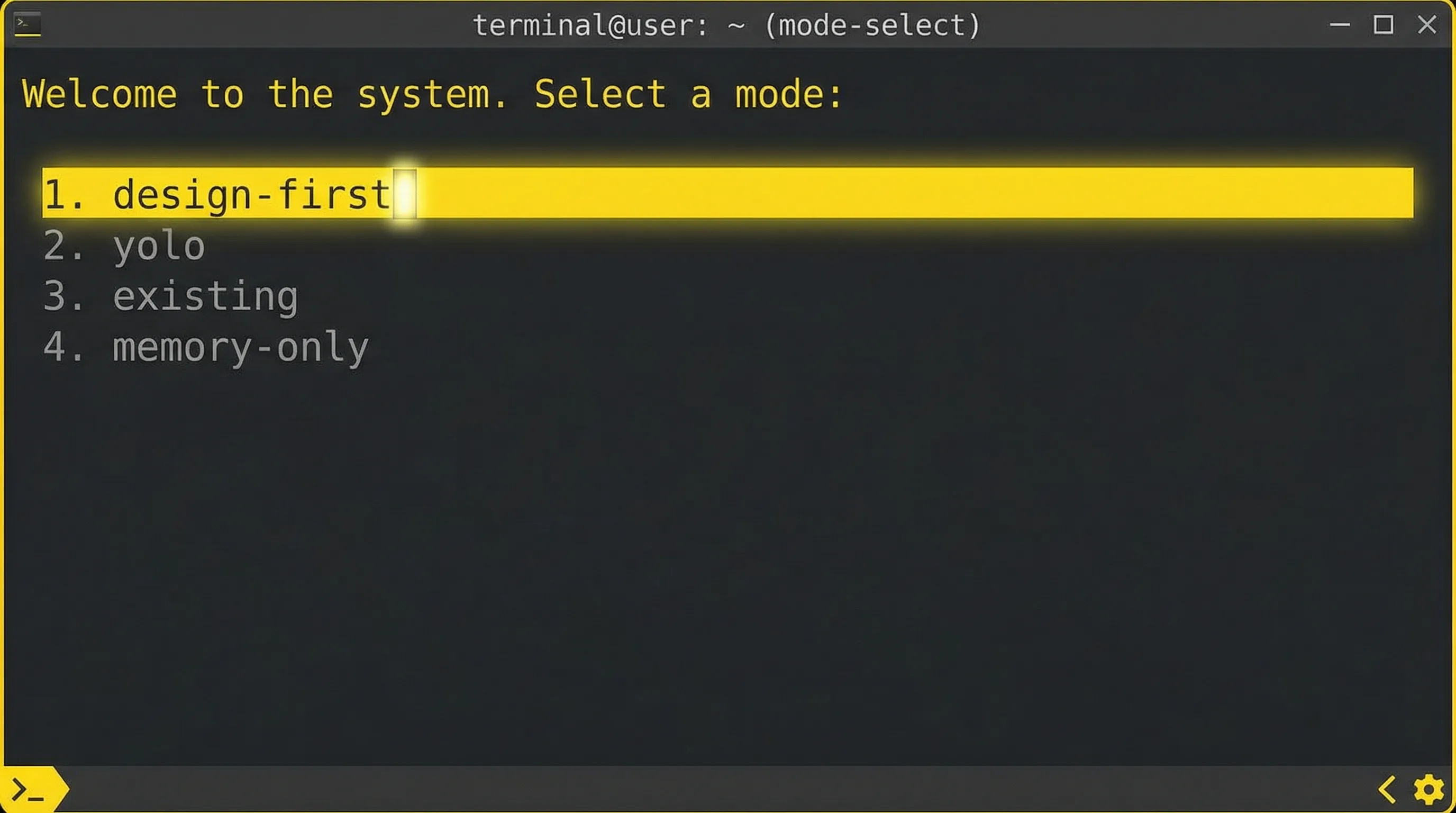 Mode menu screenshot showing design-first highlighted